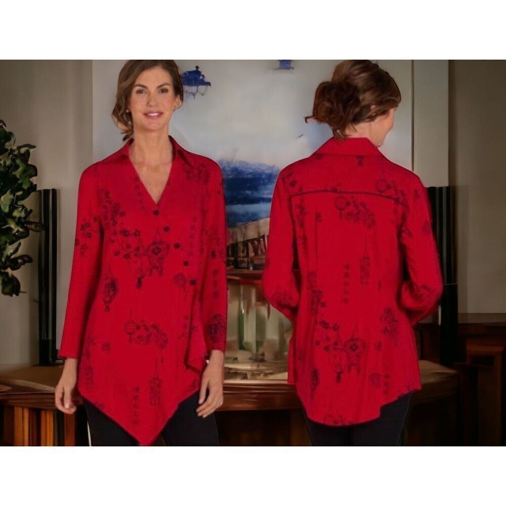 Soft Surroundings Red Asian Print Asymmetrical Tunic Top Frog Button Large‎